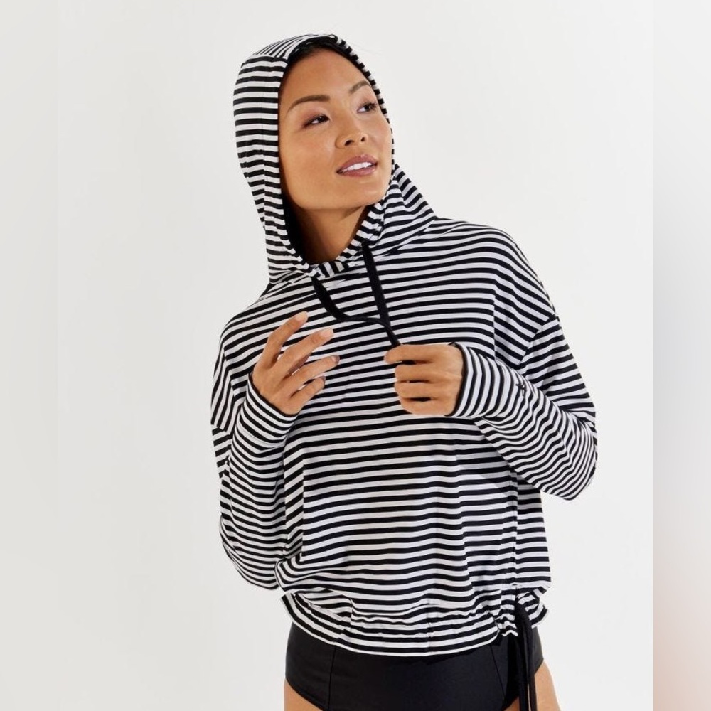 NWT. Coolibar. Waikal Swim Hoodie. UPF 50+ Quick dry. Black and white stripe.